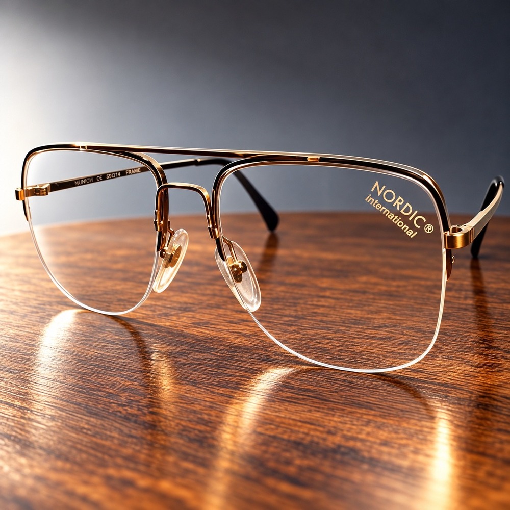 Vintage NORDIC Munich Col 101 Deadstock Gold Half Rim Navigator Eyeglasses NOS